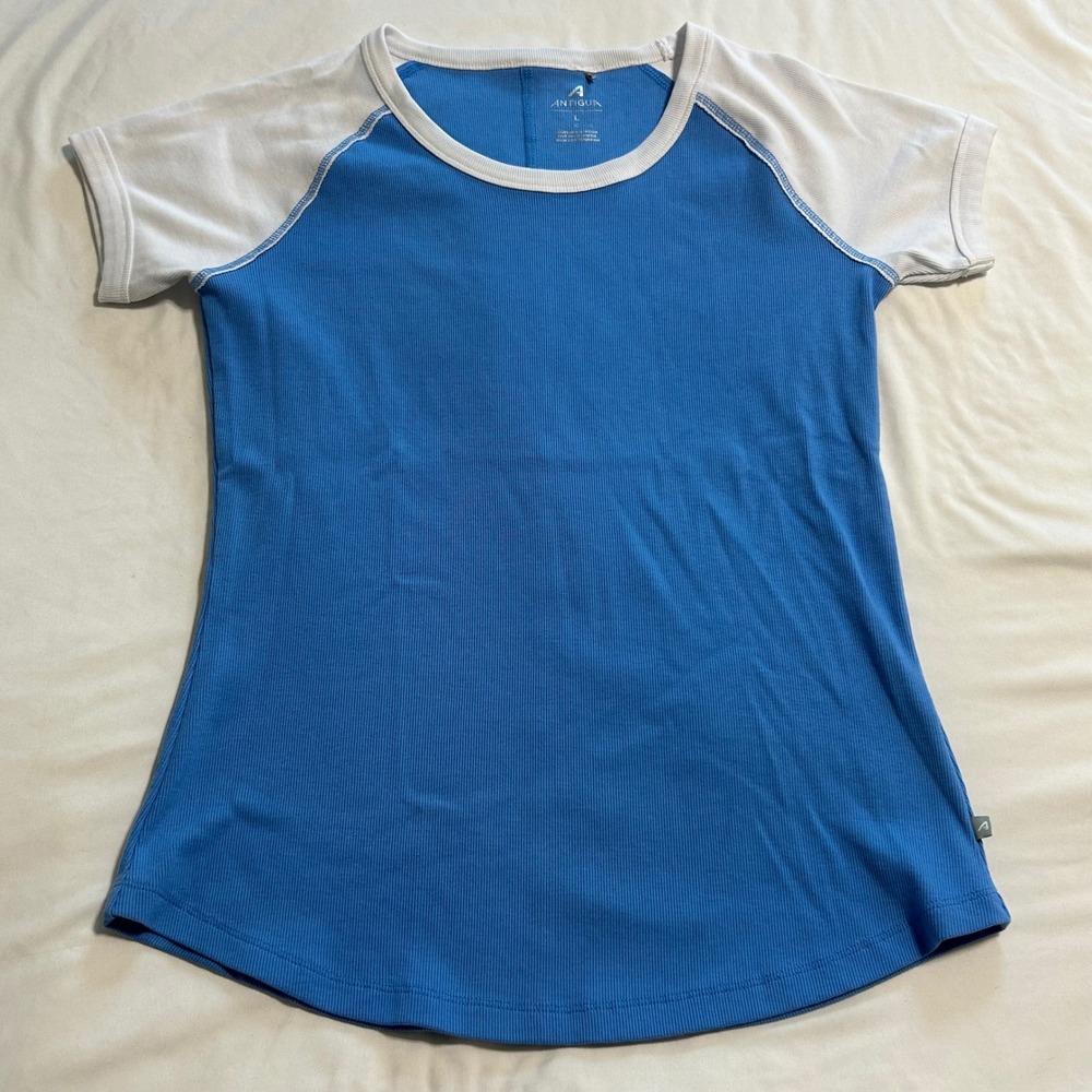 Antigua Womens Blue White Raglan Ringer Ribbed Knit Short Sleeve Top Size L